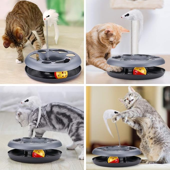 Pawzone Cat Toys, Cat Toys for Indoor Cats,Interactive Kitten Toys Roller Tracks with Catnip Spring Pet Toy with Exercise Balls Teaser Mouse (Soft Grey)