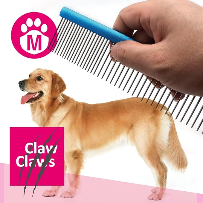Greyhound Oval Grooming Comb – Aluminum handle, Stainless Steel Teeth Comb for Long-Haired Dogs & Cats, Removes Mats, Tangles, and Loose Fur – Lightweight for Deshedding (Silver/Blue, 9.8")