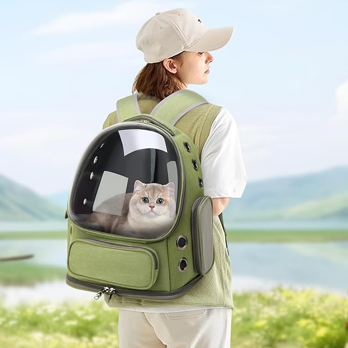 Cat Backpack Carrier for Cats and Small Dogs, Breathable Cat Bubble Backpack, Airline Approved Pet Travel Carrier for Hiking Camping Outdoor(Green)