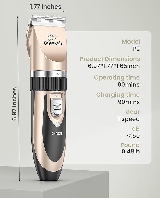 oneisall Dog Clipper Low Noise, Dog Grooming Kit with Rechargeable, Dog Shaver Cordless Electric Quiet Hair Clipper Set for Dog Cats Pets(Gold)