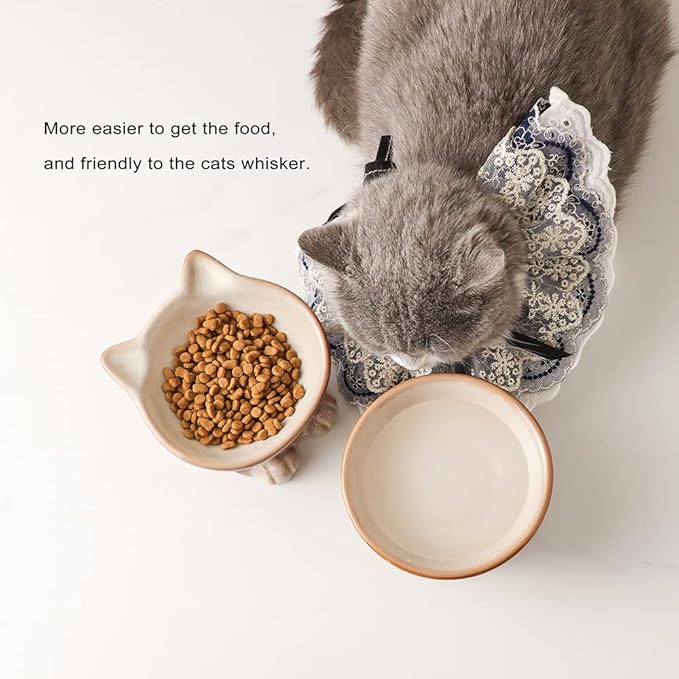 Nihow Elevated Cat/Dog Bowls: 5 Inch Ceramic Raised Cat Food & Water Bowl Set for Protecting Pet's Spine - Feeding & Watering Supplies for Pets - Elegant Brown (4.5 OZ /1 PC)