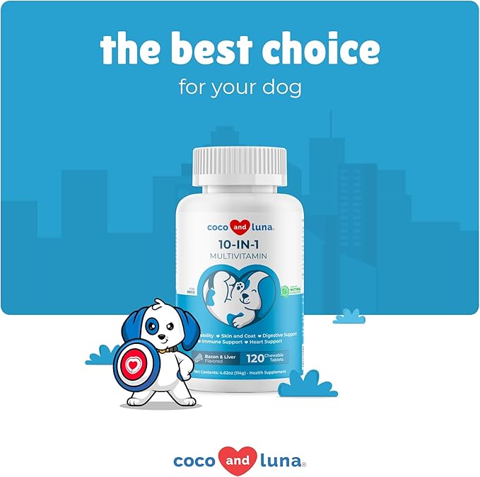 10 in 1 Multivitamin for Dogs - 120 Chewable Tablets with Glucosamine and Chondroitin - Fish Oil & Vitamins with Coq10 for Skin & Heart Health, Gut & Immune Support