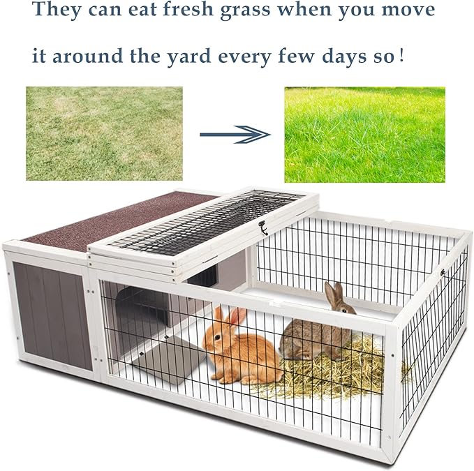 Tortoise House Habitat Wooden, Chicken Coop with Run Rabbit Hutch Small Animal Hutch Enclosure Indoor/Outdoor-Grey + White Trim