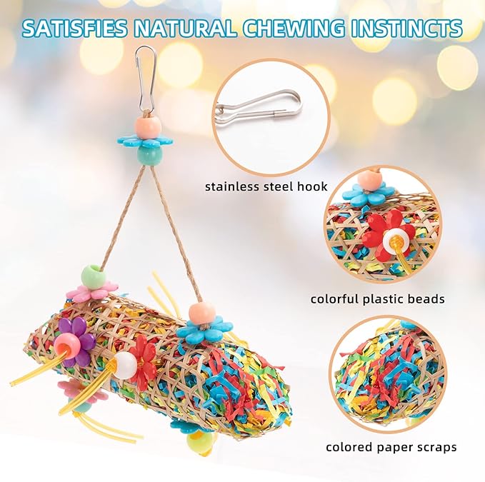RLRICH 6 Pack Bird Colorful Chewing Toys Parrot Foraging Shredder Toys Shred Hanging Foraging Toys,Comfy Perch Parakeet Toys for Rope Bungee Bird Toy
