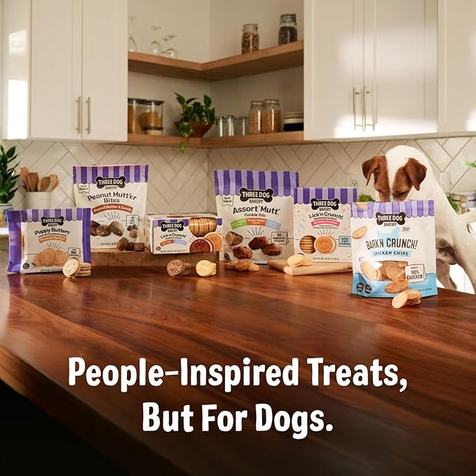 Three Dog Bakery Bark’N Crunch! Chicken Chips, Cheese Flavor, Crunchy Treat for Dogs, Two Ingredients, High Protein Snacks, No Artificial Flavors or Colors, Made in The USA, 4 oz.