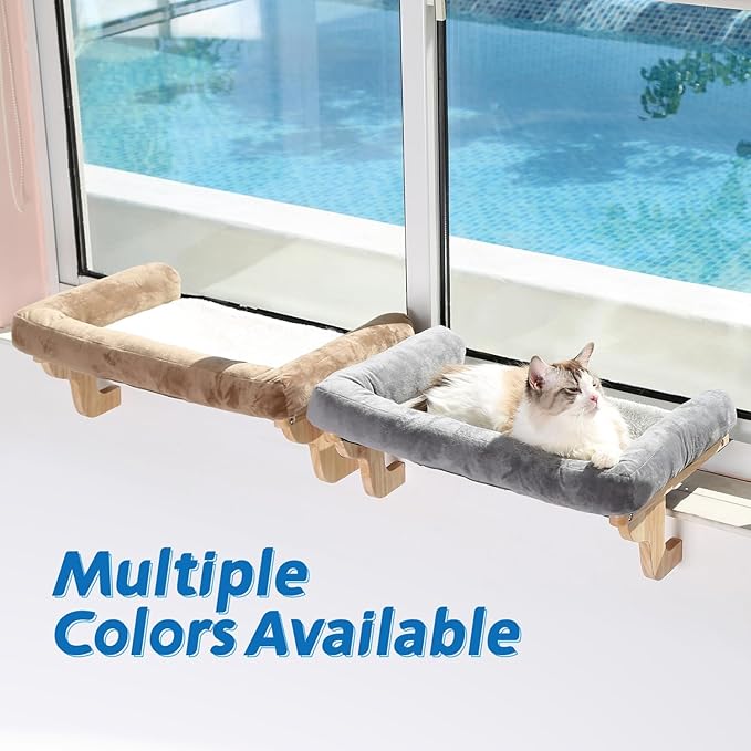 Cat Perch for Window Sill with Bolster - Orthopedic Hammock Design with Premium Hardwood & Robust Metal Frame - Cat Window Seat for Large Cats and Kittens - Natural Color Wood with Gray Bed