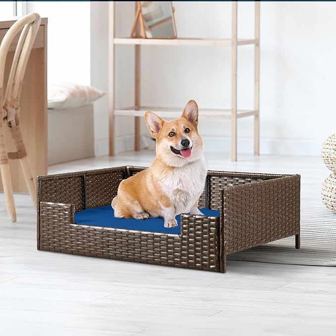 YITAHOME Rattan Dog Sofa Bed with Cushion,Wicker Pet Bed Sofa Couch Indoor Outdoor Water Unaffected for Large Medium Small Dogs Cats (24.8''L*19.7''W*9.8'',Blue)