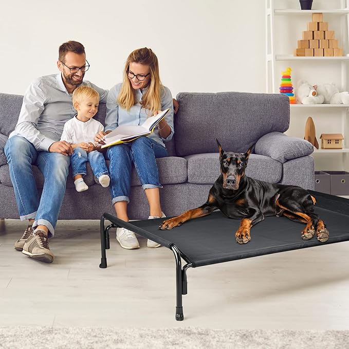 Veehoo XL Outdoor Elevated Dog Bed, Raised Dog Cot for Extra Large Dogs, Cooling Washable Waterproof Pet Hammock Beds with Slope Headrest, Breathable Mesh and Sturdy Frame, X-Large, Black, CWC2204