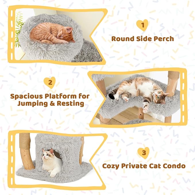 Tangkula Cat Tree Tower, Solid Wood Modern Cat Tower with Top Cattail Basket Bed, Side Perch, Large Platform & Cat Condo, Cute Cat Tree with Scratching Posts for Indoor Cats Large Adult