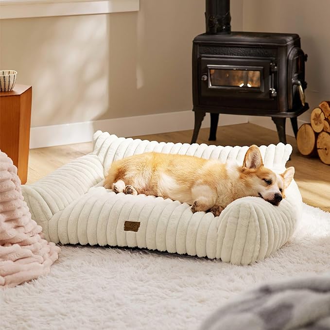 Bedsure Cute Dog Couch for Large Dogs- Fluffy Pet Sofa, Dog Couch Bed with Removable, Washable Cover, Supportive Pet Bed, 36inch, Cream