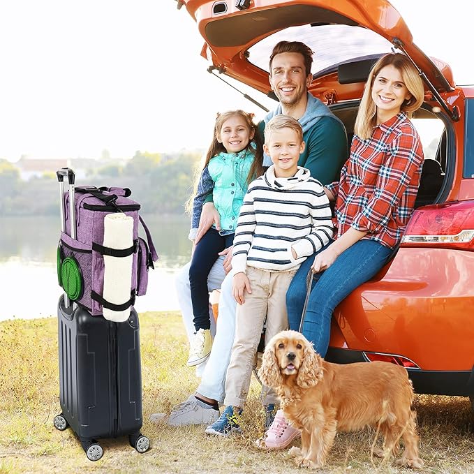 Modoker Dog Travel Organizer Carriers for Supplies & Accessories, Airline Approved Cat Pet Travel Bag, 2 Collapsible Bowls, 2 Travel Dog Food Container, Purple