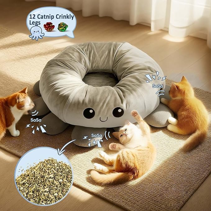 Cat Tunnel Bed for Indoor Cats, Peekaboo Cat Cave Bed, Cat Tunnel Christmas Tree Skirt, Octopus Shaped
