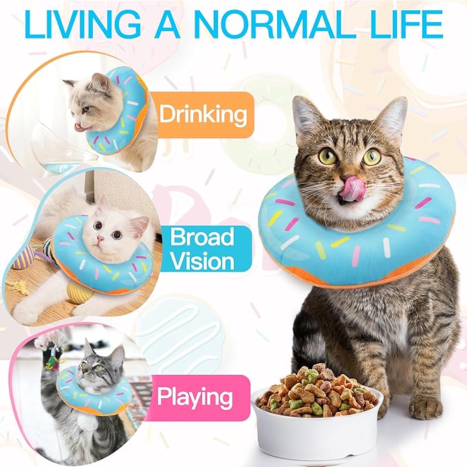 Cat Cone Collar Soft, Cute Cat Donut Collar After Surgery, Adjustable Kitten Recovery Cones to Stop Licking, Lightweight Neck Elizabethan Collars for Cats Kittens (Blue, Small)