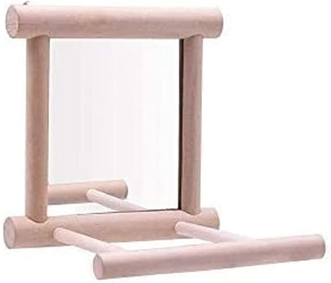 Bird Mirror Wooden Hanging Swing Interactive Play Toys for Small Parrot Budgies Macaw African Grey Parakeet Cockatiel Conure Lovebird Cage Accessories (Bird Mirror Perch Stand-ONE)