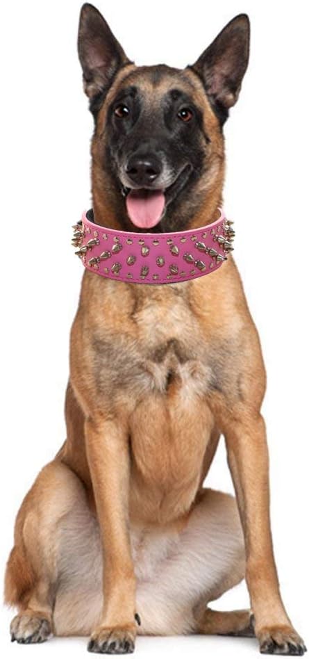 Serijoars Spiked Studded Dog Collar, PU Leather Dog Collar, Adjustable Pet Collars for Medium or Large Breed Pet (M, Light Brown)