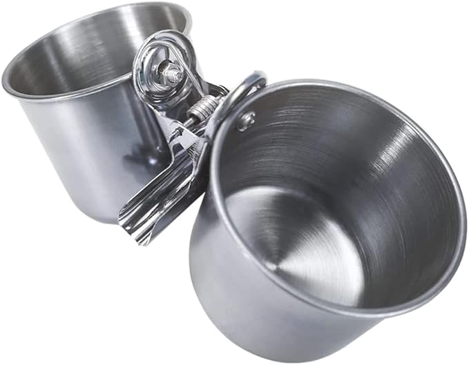 Bird Feeder Cups with Clamp Mount on Standing Perch, 2 Stainless Steel Cups for Food and Water, Compatible for halinfer's All Bird Carrier and Backpack Wooden and Rope Perch