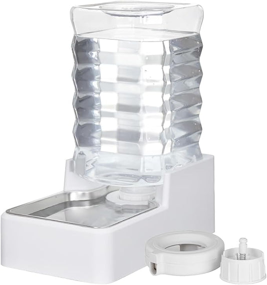 Dog Cat Water Dispenser: 8L White Upgraded Gravity Feeder with Stainless Steel Bowl - BPA-Free Large Capacity for Medium/Large Pets - Indoor & Outdoor Use