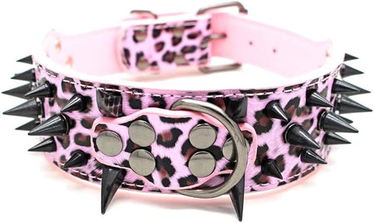 Serijoars Spiked Studded Dog Collar, PU Leather Dog Collar, Adjustable Pet Collars for Medium or Large Breed Pet (XL, Leopard3)