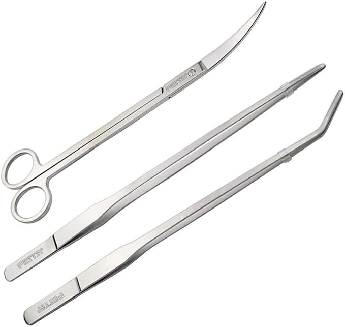 Aquarium Tweezer Set - FEITA Long Stainless Steel Curved & Straight Aquarium Feeding Tweezers Scissors Maintenance Tools Kit (3 Pcs)