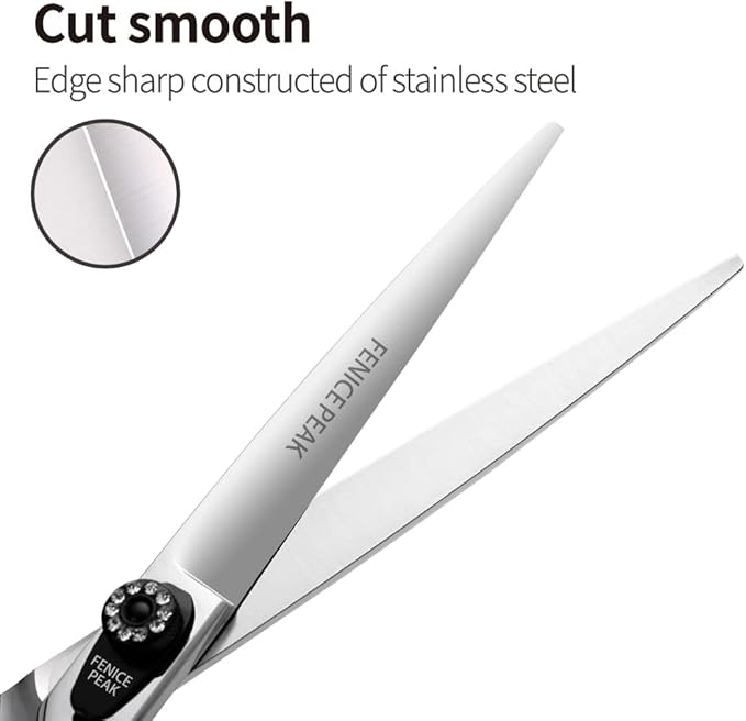 Fenice Peak 7.5'' Dog Straight Scissors For Grooming Pet Hair Cutting Shears 440C Stainless Steel Black Non-Slip Handle Sharp Blades Professional Pet Trimming Scissors for Cats
