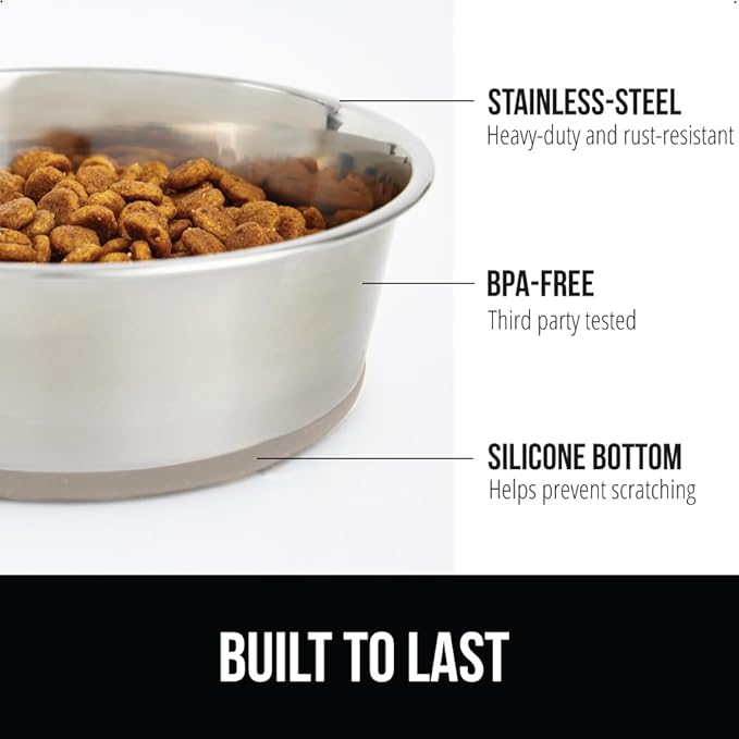 GORILLA GRIP Set of 2 Dog Bowls, Holds 4 Cups (32 fl oz), Heavy Duty Metal Food and Water Bowl for Feeding Dogs and Cats, Dishwasher Safe, Rust Resistant Stainless Steel, BPA Free Rubber Base, Beige