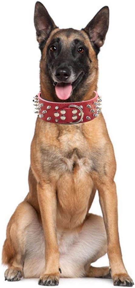 Serijoars Spiked Studded Dog Collar, PU Leather Dog Collar, Adjustable Pet Collars for Medium or Large Breed Pet (XL, Red1)