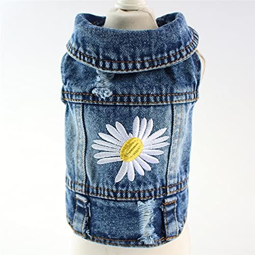 Dog Denim Jacket with Embroidered Daisy, Ripped Vintage Jean Vest for Small Dogs, Pugs, Chihuahuas, Spring Summer Autumn Festival Outfit