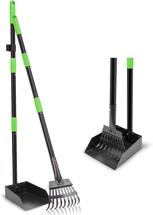 Non-Breakable Pooper Scooper, Dog Pooper Scooper Tray & Rake Set with Adjustable Stainless Steel Long Handle for Large Medium Small Dogs (Green)