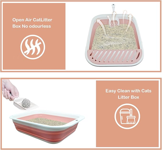 Foldable Cat Litter Box Open Potty Pan Portable Collapsible Cats Litter Boxs Travel Kitten Pan with Scoop Waterproof Low Entrance for Kitten and Easy Clean 17.7"×13.4"x4.9"(Pink)