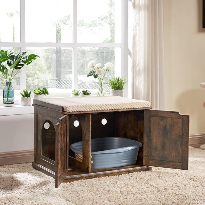 unipaws Cat Litter Box Enclosure Furniture, Dog Proof Hidden Litter Box Cover, Cabinet for Large Cat,Hideaway Kitty House, Rustic