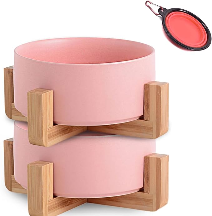 Petygooing Pink Ceramic Dog Cat Bowl Set with Stand, Pet Food and Water Dish,Medium Dog Bowls Anti Slip Set of 2 Cat Bowls Pet Food Bowl- Pet Dishes Small Medium Size Pet (28 OZ /3.6 Cups)