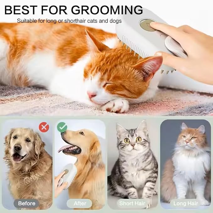 Rechargeable Steam Pet Brush – Grooming & Deshedding Tool With Adjustable Handle | Cordless & Quiet (Brown)