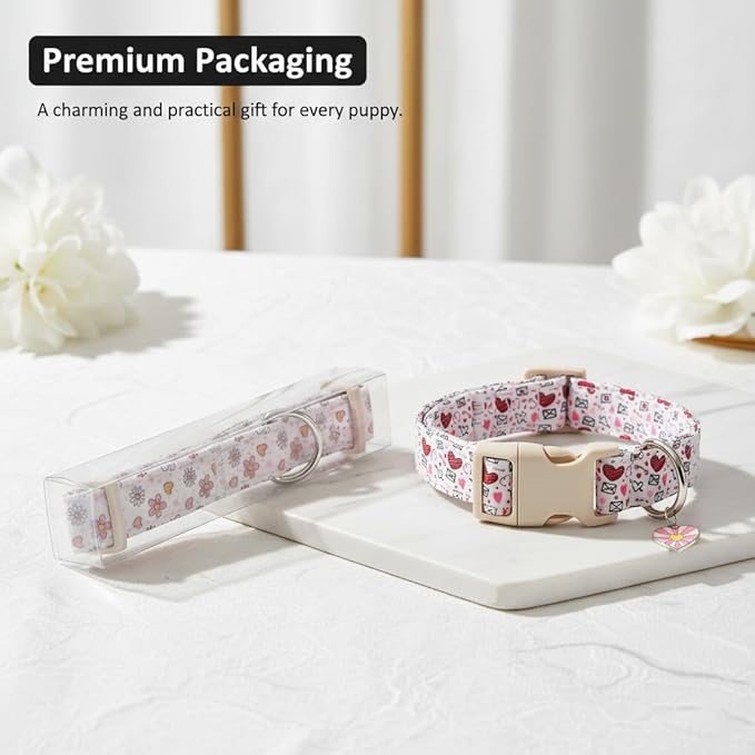 Pink Dog Collar, Girl Dog Collar with Cute Dogs and Hearts, Cute Spring Summer Food Collar with Soft & Breathable Fabric, Adjustable Pet Collar for Small Dogs