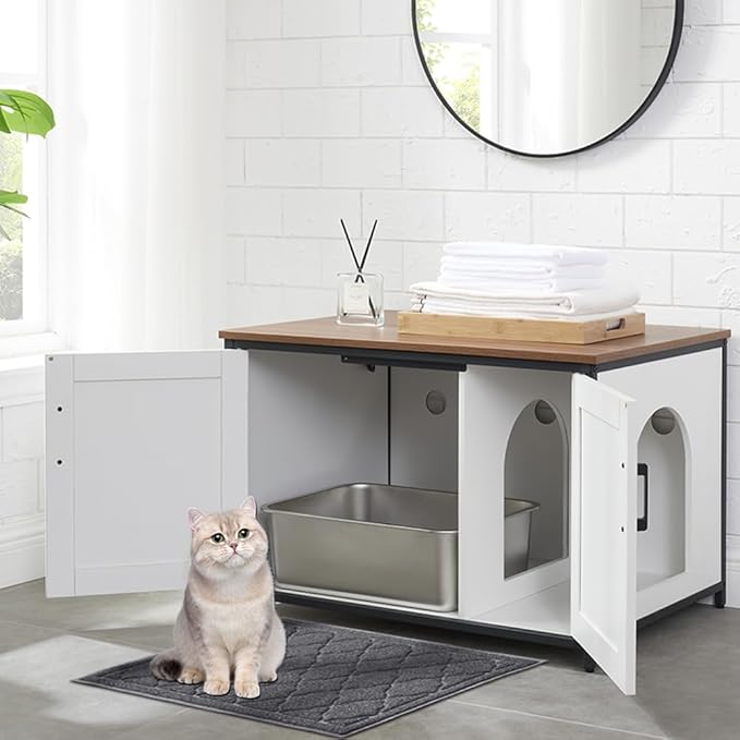 unipaws Extra Large Cat Litter Box Enclosure Furniture with Top Opening, XL Washroom Bench for Cats with Removable Divider, Jumbo Automatic Litter Box Cover and Hidden Cat Box