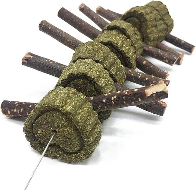 Bunny Chew Toys for Teeth, 2 PCS Organic Apple Wood Molar Sticks with Timothy Hay Circles for Bunny Chinchilla Guinea Pig Hamsters Holland Lop Prairie Dogs Squirrels, Improves Dental Health