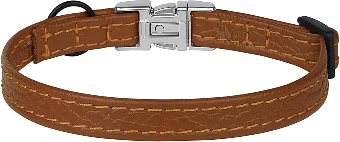 Leather Cat Collar with Buckle and Removable Bell - Non Breakaway Adjustable Soft Safety Small Pet Collars for Girl Boy Cats Kitten (Brown)