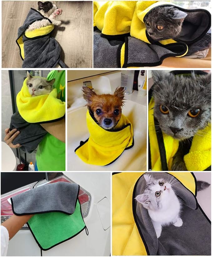 2 Pack Dog Towels Super Absorbent Pet Bath Towel Microfiber Dog Drying Towel for Small Dogs and Cats, Machine Washable, 11.8Inch x 23.6Inch, Yellow-Grey & Green-Grey
