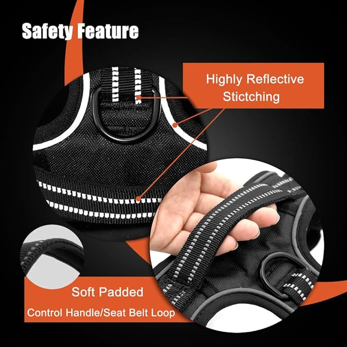 PHOEPET Reflective Dog Harness No Pull Large Breed Vest with 2 Metal Leash Attachment Hooks(XL, Red)