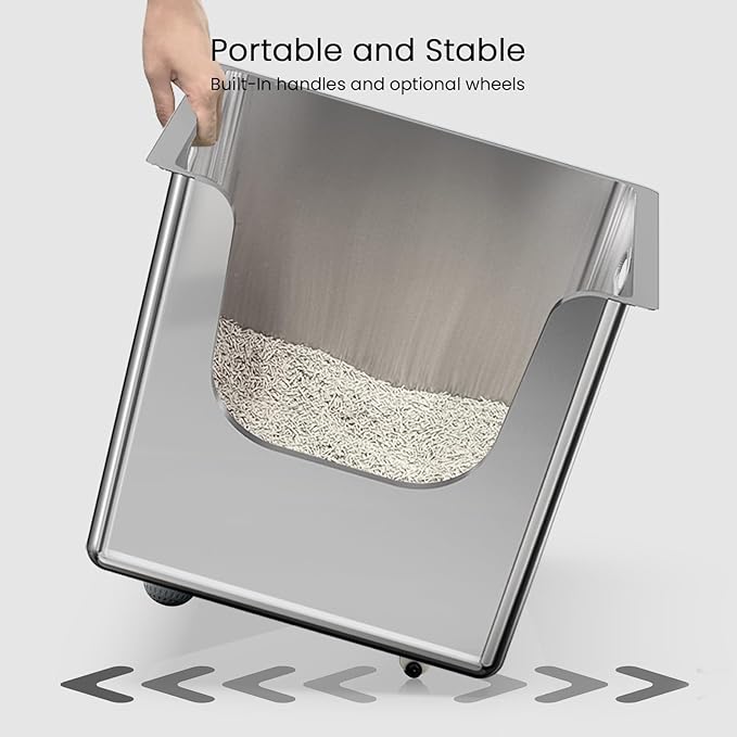 Stainless Steel Litter Box 13.7'' High Sides, XL Metal Cat Litter Box with Curved Low Entry, Cat Litter Pan for Big & Multiple Cats, Pet Toliet with Handy Wheels for Easy Moving