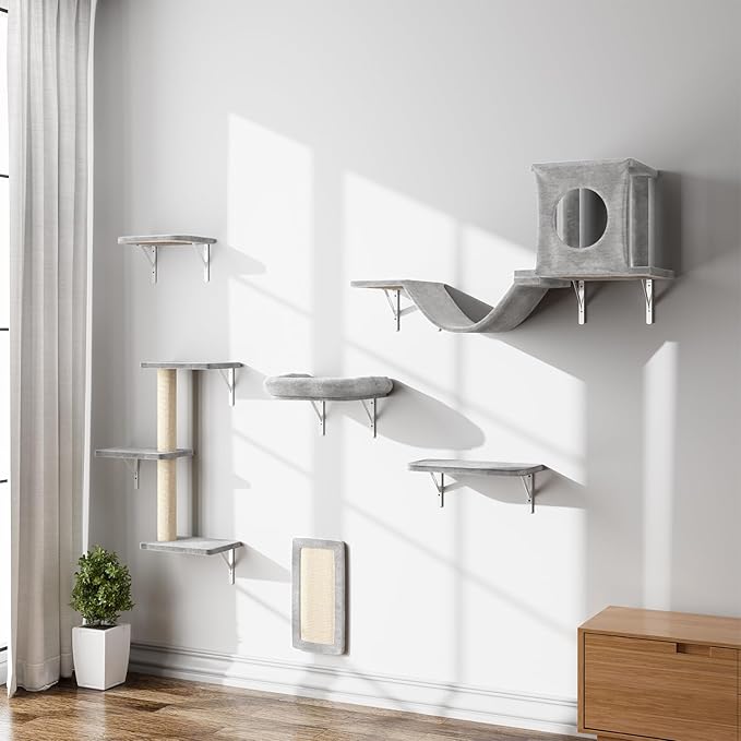 NUNU LAB Wall Mounted Cat Climber Set, 6 Pcs Cat Furniture Set with House, Bridge, Steps, Scratcher Board and Hammock, Shelves for Indoor, Luxury Walls Furniture(Gray)