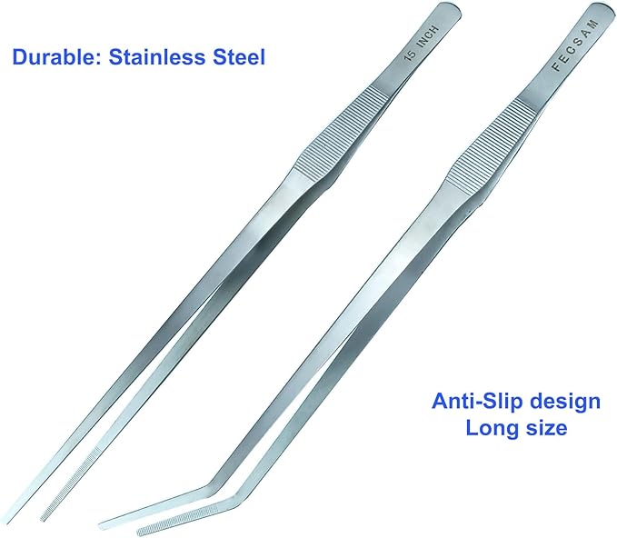 Aquarium Aquascape Tools Kit + Brush - 15 inch Stainless Steel Aquatic Tweezers/Feeding Tongs, Scissors, Spatula, Algae Scraper, Rake for Fish Tank Cleaning Scrubbing, Trimming, Terrarium Supplies