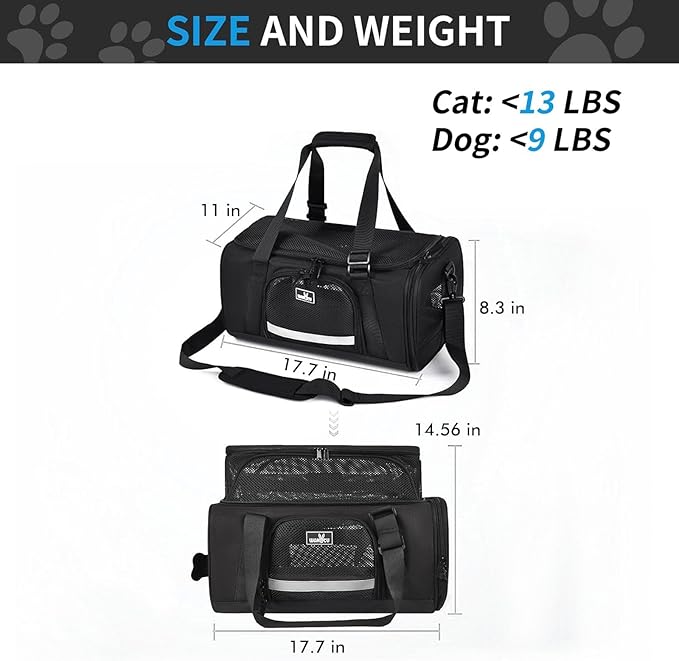 Airline Approved Pet Carrier, Collapsible Cat Carrier, Expandable Dog Carrier, 900D High Density Oxford Cloth, Wear-Resisting, Anti Tearing, Safety Lock Zipper, Reflective Tape