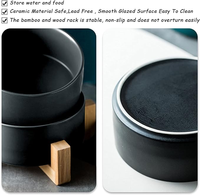 Petygooing Ceramic Black Cat Dog Bowl Set with Stand,Pet Food and Water Dish,Medium Pet Bowls Anti-Slip Set of 2 Cat Bowls-Pet Food Dishes- Small Medium Size Dog (28 OZ /3.6 Cups)