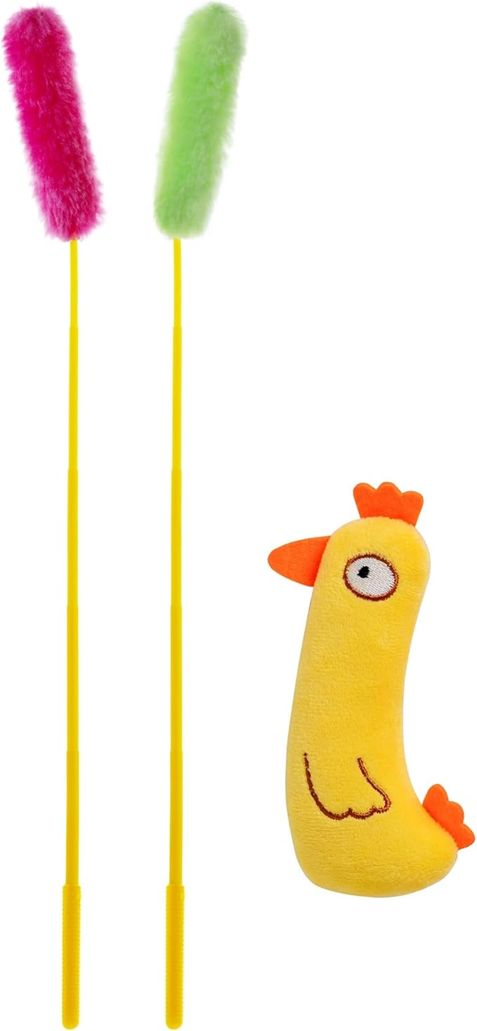 Interactive Cat Toy, A Chicken Catnip Toy and Pink & Green Plush Cat Teaser Wand Toys - Funny, Entertaining, and Stimulating Indoor Cats and Kittens Toys, 3-Piece Set