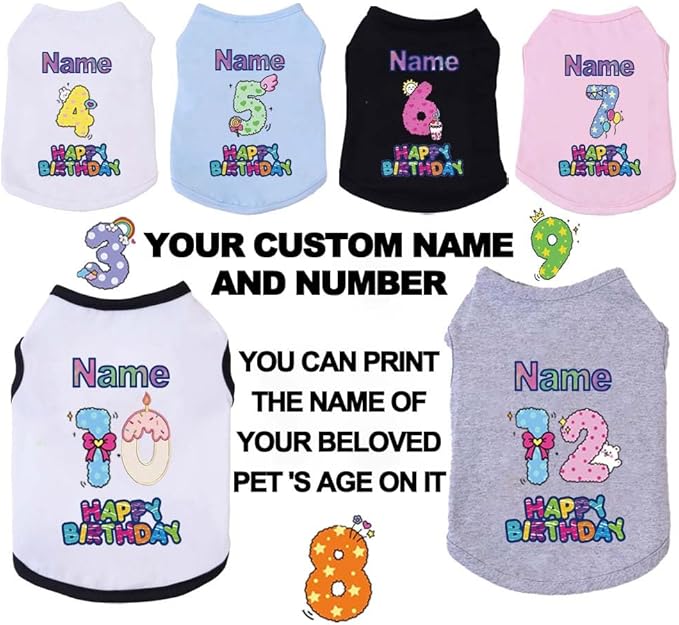 Custom Dog Birthday Shirt,Personalized Pet Apparel Print with Name Age Number,Pet Birthday Outfit,Lightweight Breathable Cotton Vest for Small Medium Large Dogs Cat (Black, 8X-Large)