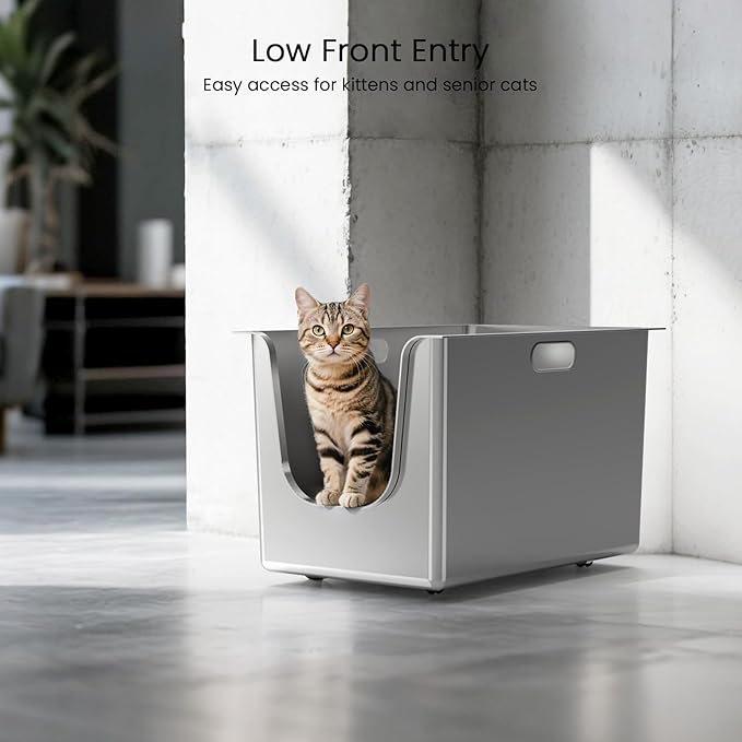 Stainless Steel Litter Box 13.7'' High Sides, XL Metal Cat Litter Box with Curved Low Entry, Cat Litter Pan for Big & Multiple Cats, Pet Toliet with Handy Wheels for Easy Moving