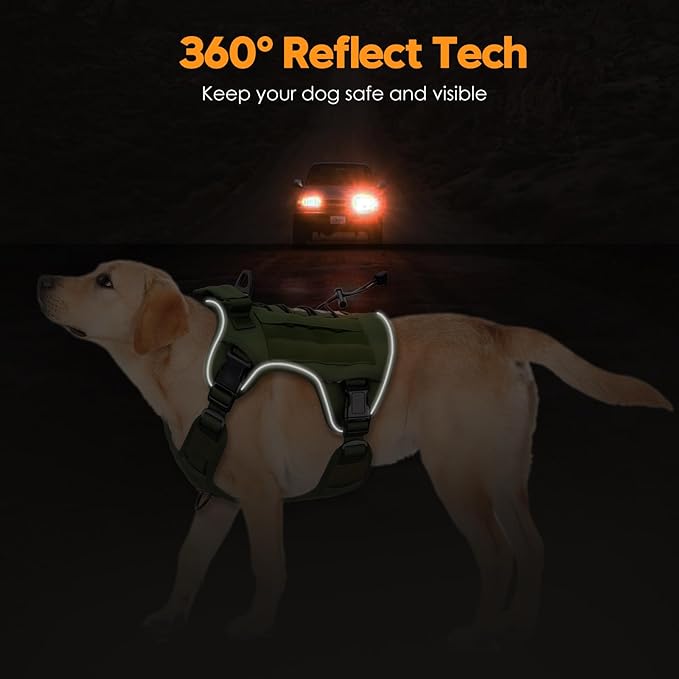 Heavy-Duty Tactical Dog Harness for Large Dogs, No Pull Adjustable Reflective Pet Vest with Molle System, K9 Military-Grade Control for Service Training, Outdoor & 10+ Breeds, Green, X-Large