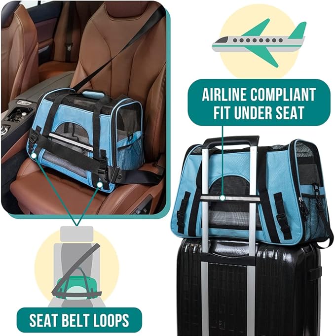 PetAmi Airline Approved Pet Carrier for Cat, Soft Sided Dog Carrier for Small Dogs, Cat Travel Supplies Accessories for Indoor Cats, Ventilated Pet Carrying Bag Medium Large Kitten Puppy, Small Blue