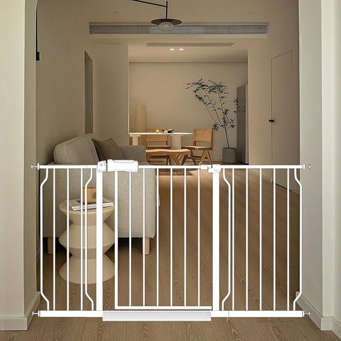 White Extra Wide Baby Gate 53-57.5 inch for Doorways Stairs Pressure Mount Baby Gate Automatic Close Child Dog Pet Safety Toddler Gates with Extensions