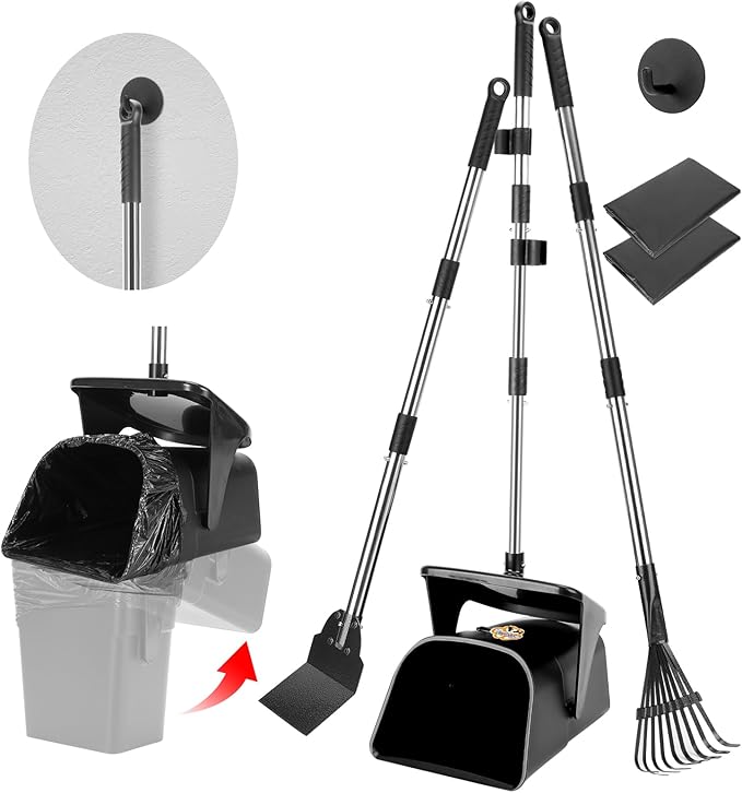 Pooper Scooper Large Swivel Bin & Rake & Spade with 20 Waste Bags and 1 Hook, 39.3" Long Handle Metal Dog Pooper Scooper for Yard, Easy to Clean Pet Waste Use on Grass, Dirt, Gravel or Flats